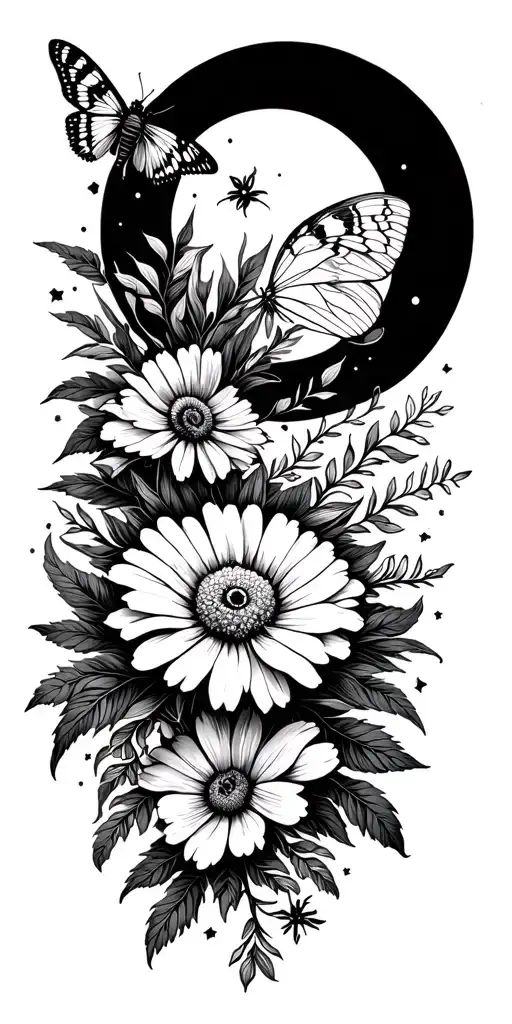 Cosmoas And Marigold Flower And Lunar Moth Surrounded