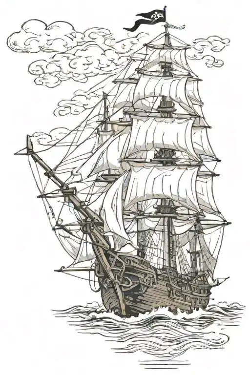 Old Pirate Ship Sailing Through A Sea