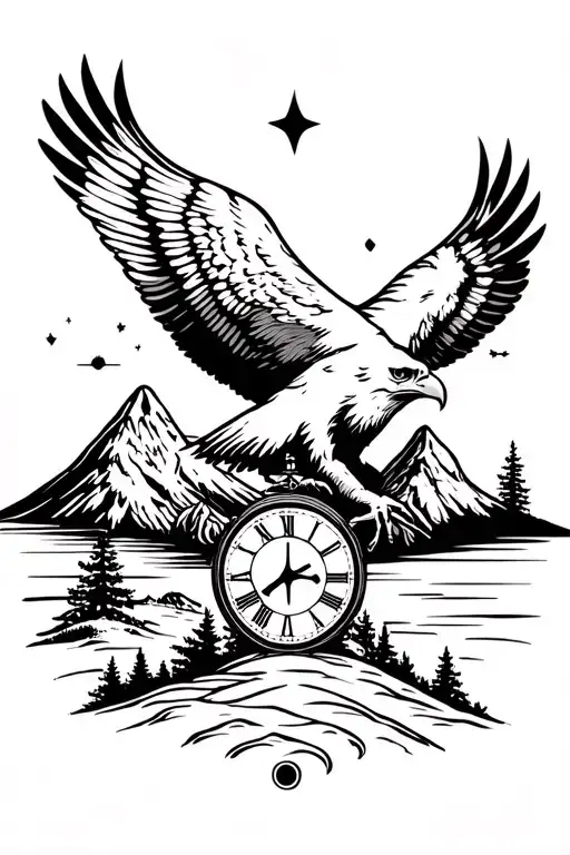 Eagle With Peace And Sand Clock And Mountain Landscape
