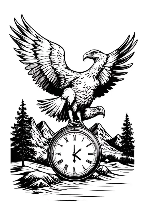 Eagle With Peace And Sand Clock And Mountain Landscape