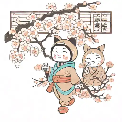 Vintage Cartoon Characters With Cherry Blossoms And Chinese Writing