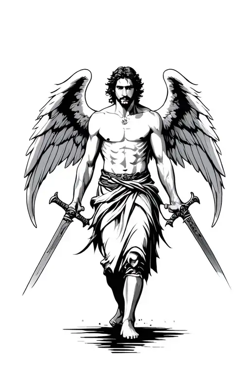 Male Angel Walking Forward With Two Swords