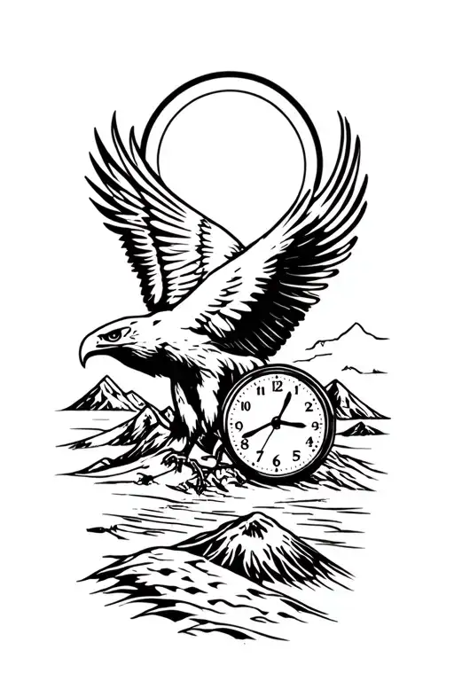 Eagle With Peace And Sand Clock And Mountain Landscape