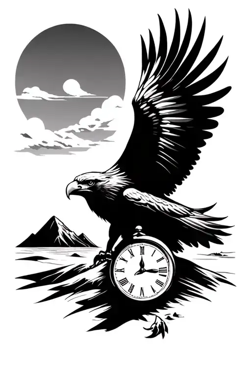 Eagle With Peace And Sand Clock And Mountain Landscape