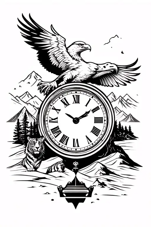 Eagle And Sand Clock And Mountain Landscape Combined With Tiger
