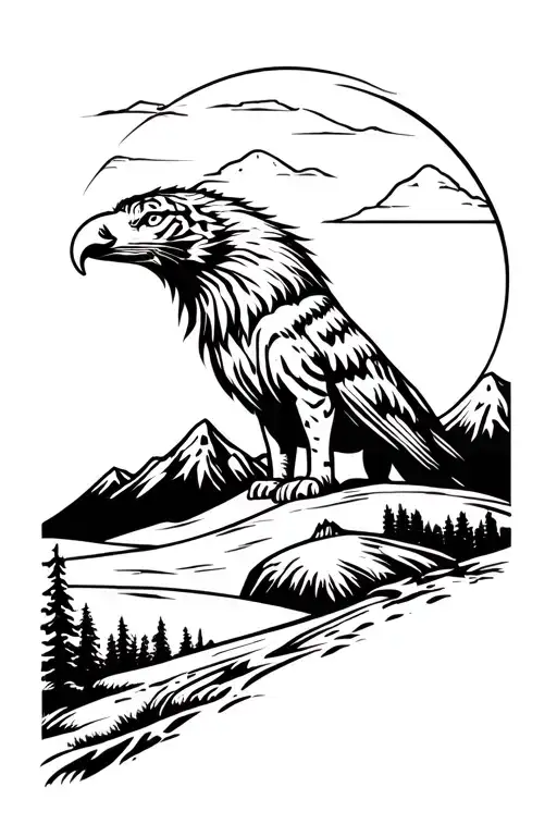 Eagle And Sand Timer And Mountain Landscape Combined With Tiger