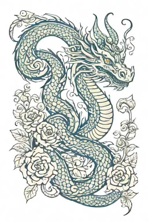 Beautiful Swrily Serpent Dragon With Flowers
