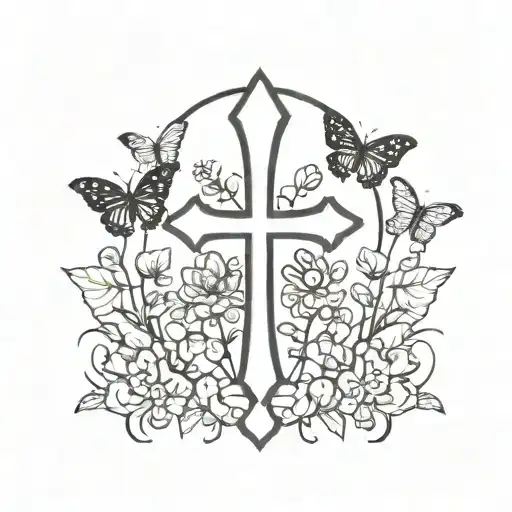 Ankh Cross With Flowers And Butterflies