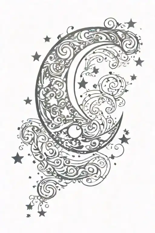 Cresent Moon With Stars And Swirls Around It