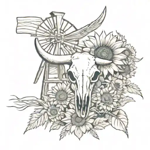 Sunflower Windmill Desert Flowers Bull Skull