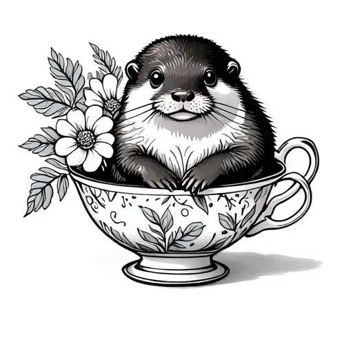 Otter Sitting In A Pretty Teacup With Flowers