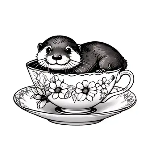 Otter Laying In A Pretty Teacup With Flowers