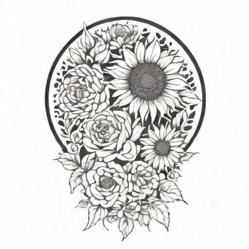 Large Sunflower Surrounded By Roses And Chrysanthemums Flower