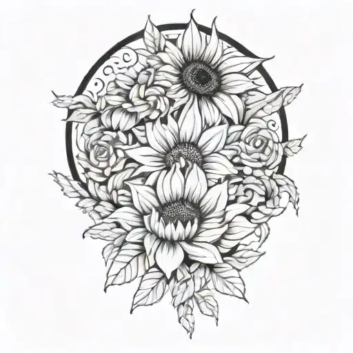 Large Sunflower Surrounded By A Rose And Chrysanthemum Flowers
