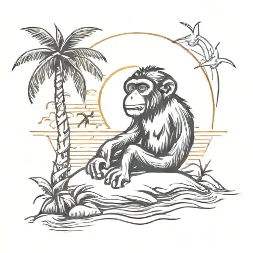A Sketch Style Tattoo Of A Sun Shining Down On A Monkey On The Beach With Palm Trees