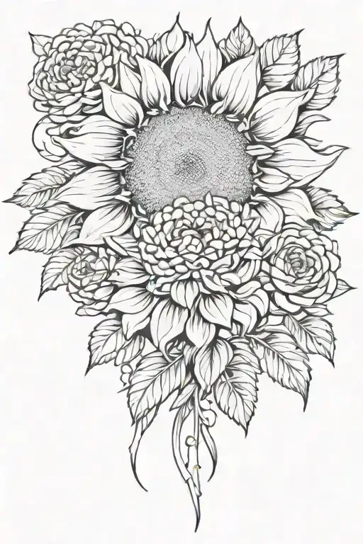 Large Sunflower Surrounded By Roses And Chrysanthemums Flower