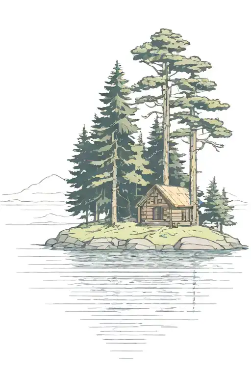 Island With Pine Tree Surrounding A Simple Cabin