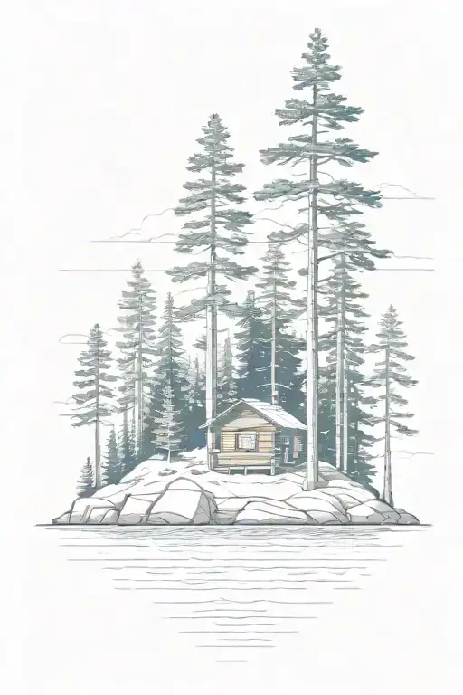 Island With Pine Tree And Cabin