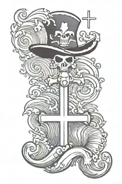 Waves And A Cross With A Sea Shell And A Pirate Wearing A Top Hat