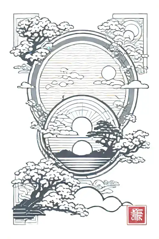 Japanese Style With Rising Sun With Light Rays