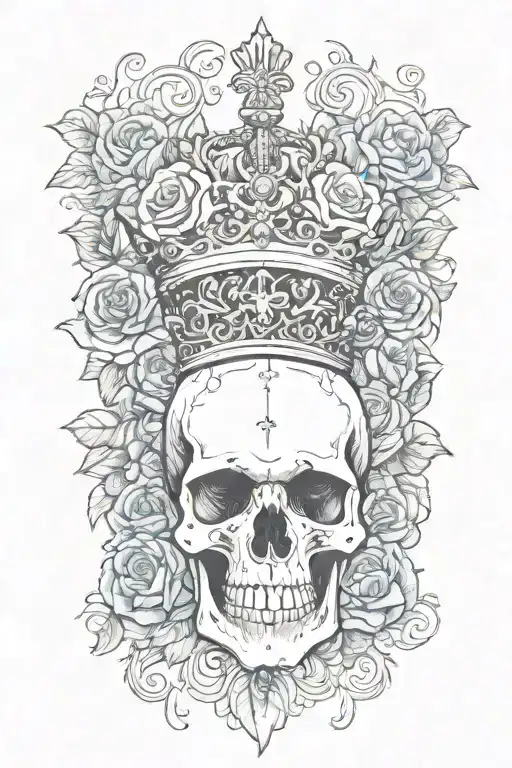 Skull Wearing Crown With Raven And Blue Roses