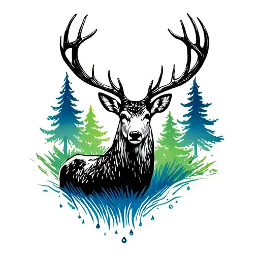 Rough Sketched Of Deer With Blue And Green Water Droplets Behind It And Trees