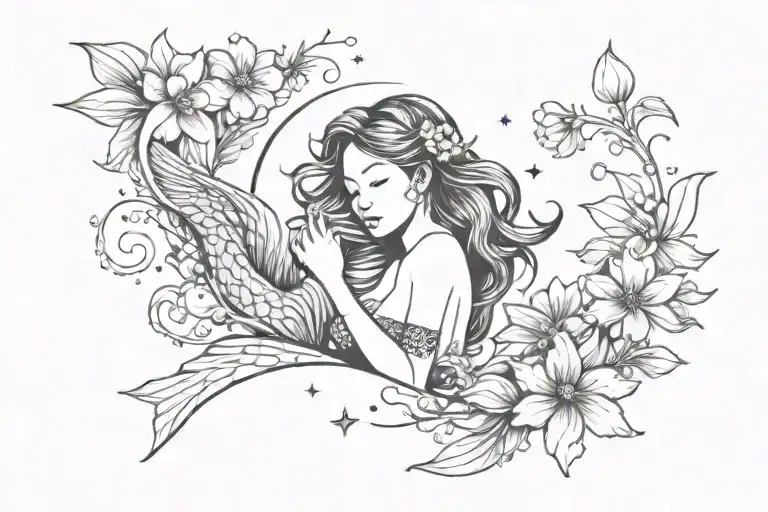 A Tatto With A Girl Middle Og A Galaxy Who Has A Mermaid Tais With Daisy Flowers And Sakura Flowers