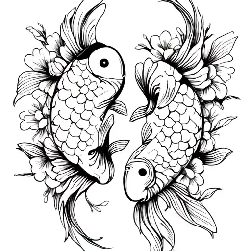 2 Yin Yang Koi Fish With Flowers In Them