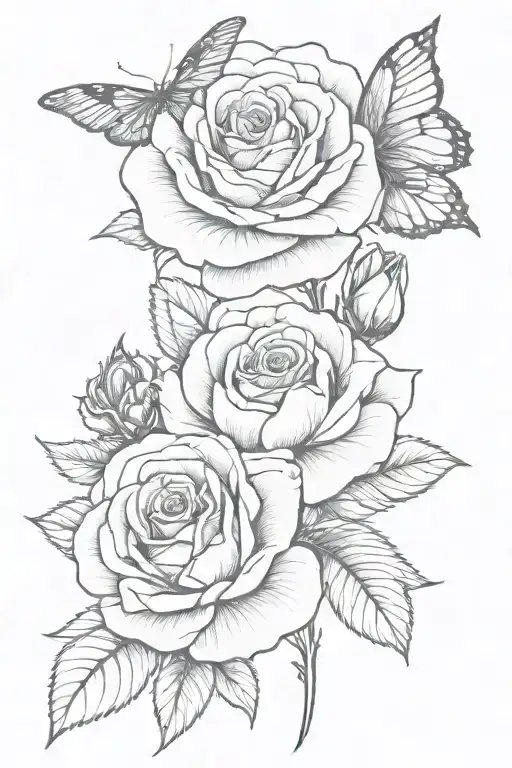 Rose Flower And Marigold Flower With Butterfly Tattoo