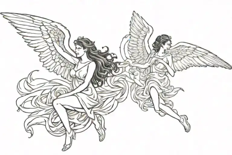 Multiple Sexy Attractive Women With Wings Flying On The Old Greece