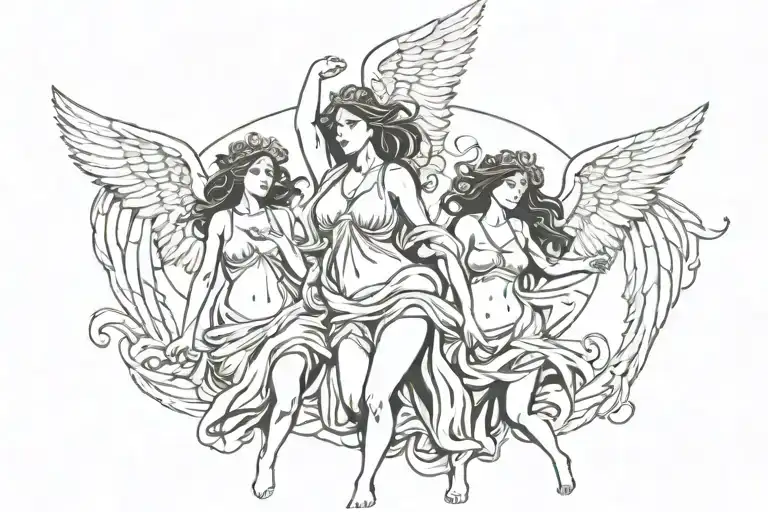 Multiple Sexy Attractive Women With Wings Flying Onthe Old Greece