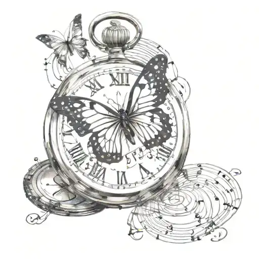 Butterfly On Pocket Watch With Music Notes Floating