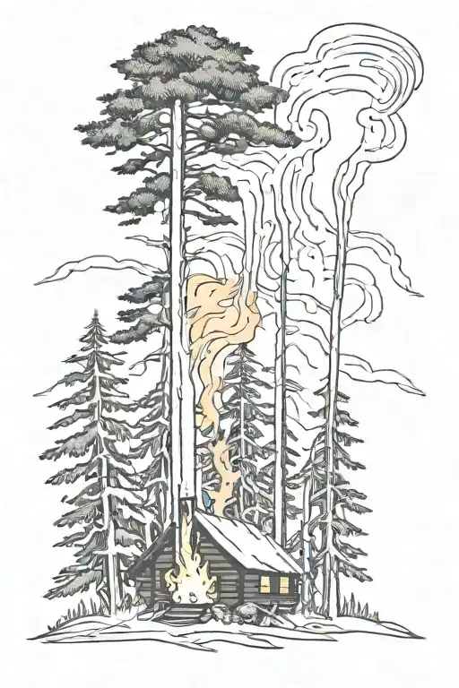 Tall Trees On Fire With Cabin With Grim Reaper In Dark Forest