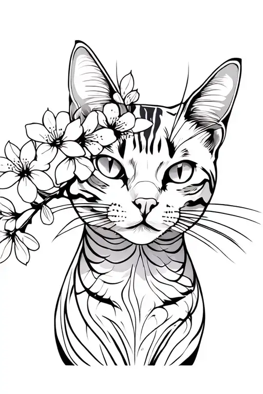 Black Cat With Cherry Blossoms