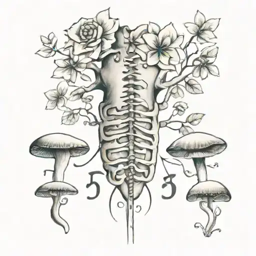 Spine Tattoo With Flowers Mushrooms Music Notes And Hands Reaching For Each Other