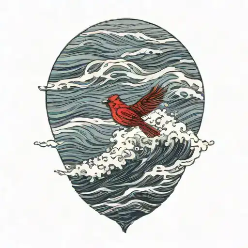 Single Flying Cardinal Over The Ocean Wave