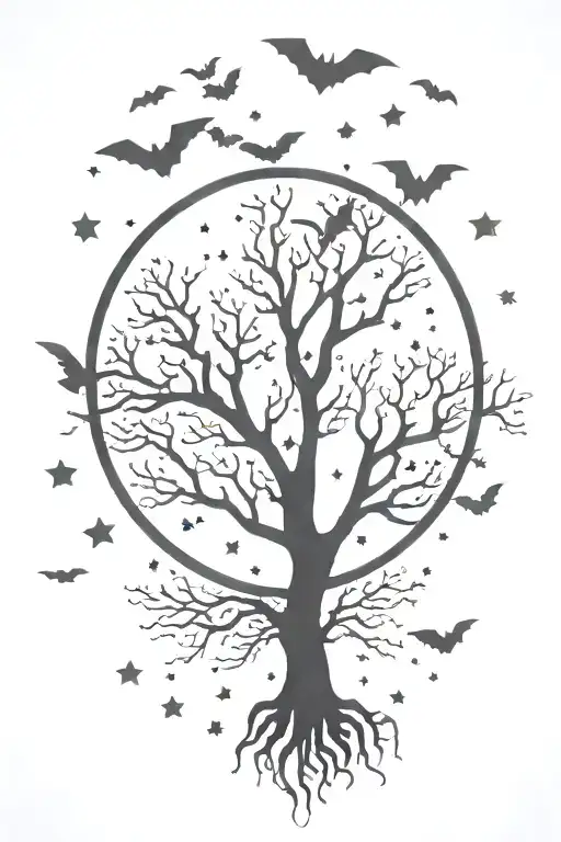 Poison Tree With Bats Flying Across The Moon Surrounded By Stars