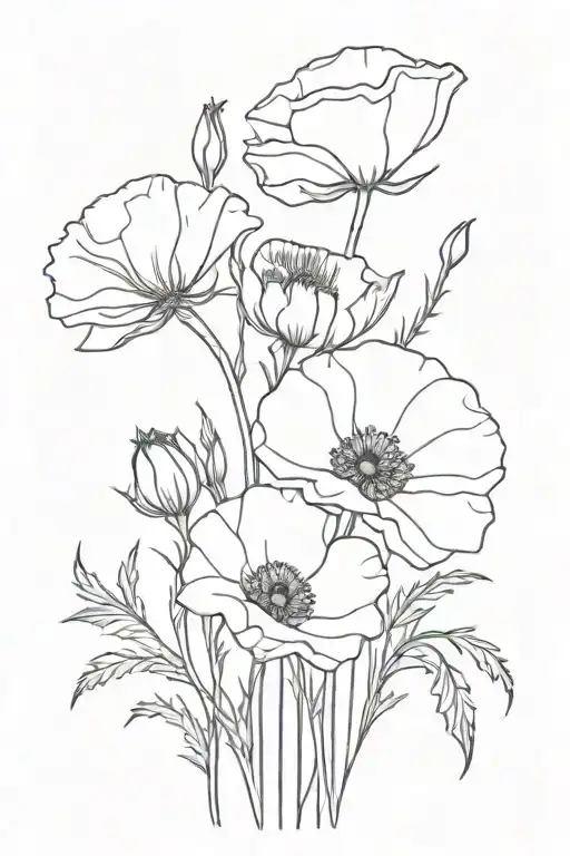 Carnation And Poppy Bouquet With Stems Fine Line