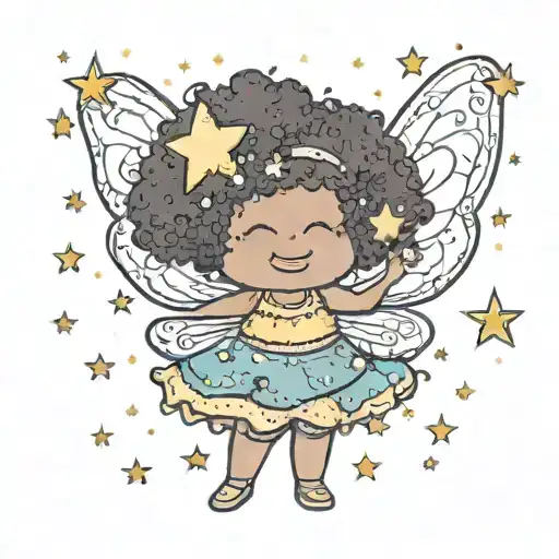 Chubby Afro Fairy Standing With Sparkles And Stars Around Her