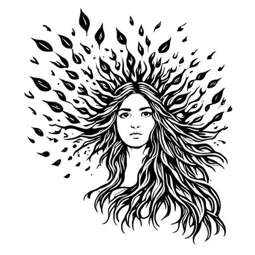 Hippie Woman Trees On Fire During A Rain Storm Leaves Blowing Tattoo Black And White