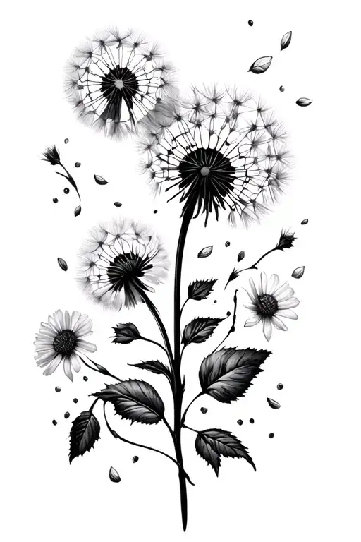 Blown Dandelion Flower With Seeds Floating Around And Rose And Aster Flowers Intertwined