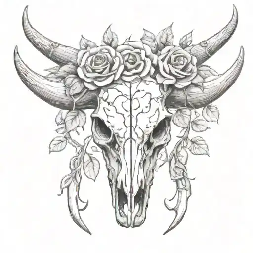 Bull Skull With Roses And Vines Growing Hard Lines And Mild Shading
