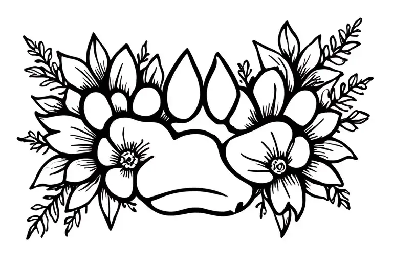 Dog Paw And Cat Body Outline With Flowers Intertwined