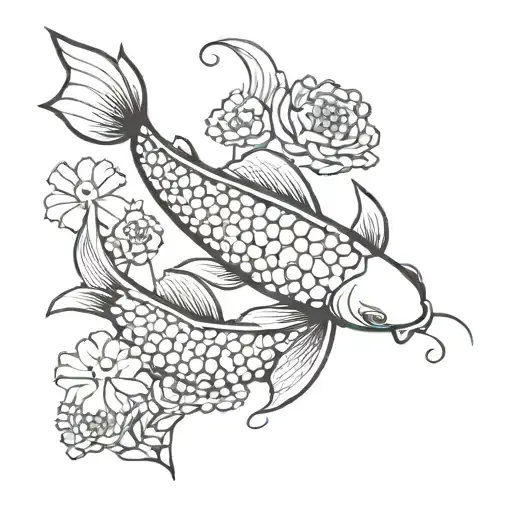 Japanese Koi Fish With Flowers Intertwined