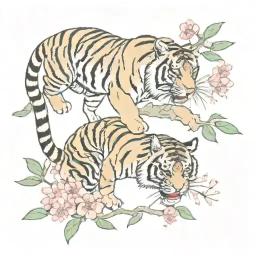 Tiger Climbing Down Chewy Blossom Branch