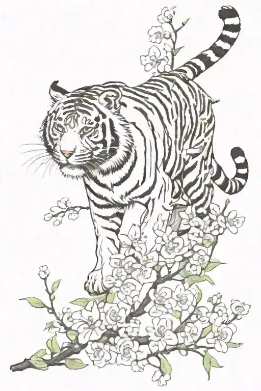Tiger Climbing Down Chewy Blossom Branch