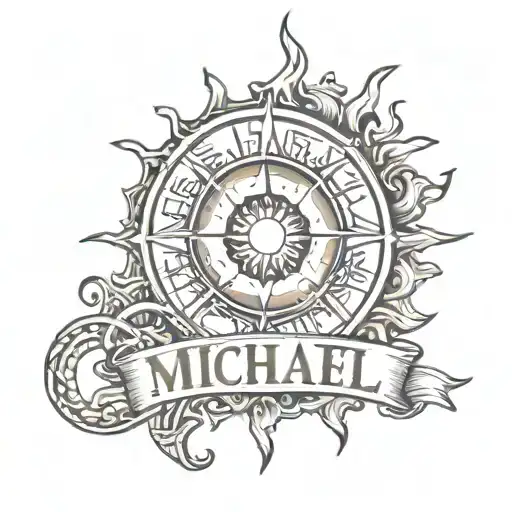 A Tattoo Of The Name Michael That's Accentuated By An Astral Sun Design