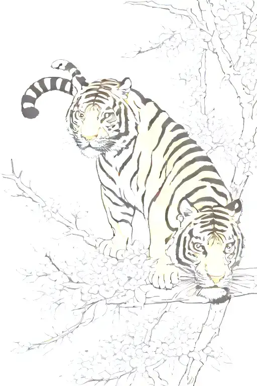 Tiger Climbing Down From The Top Of Blossom Branch