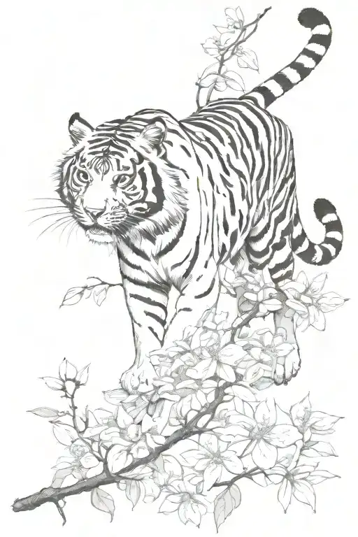 Tiger Climbing Down Chewy Blossom Branch
