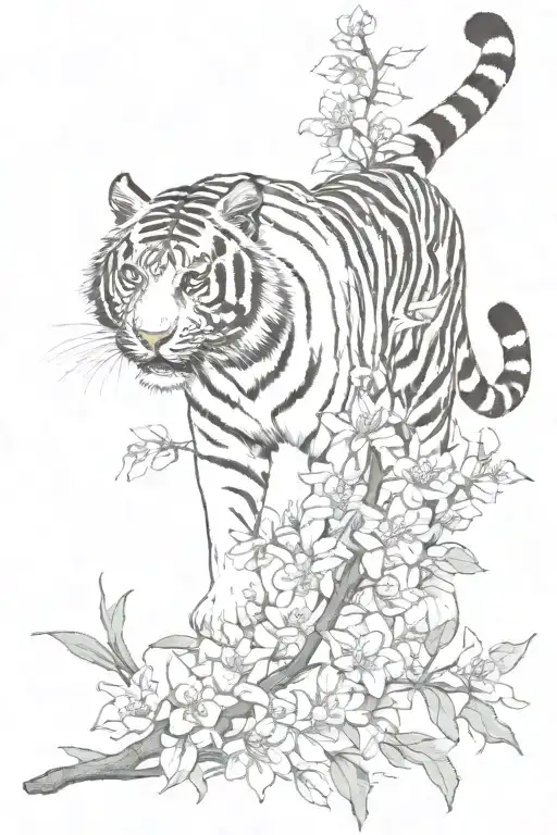 Tiger Climbing Down Chewy Blossom Branch